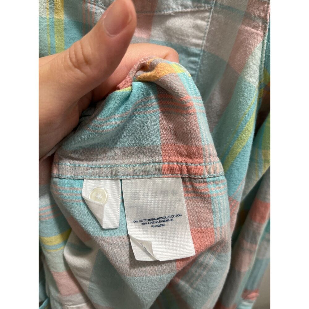 Lands' End Linen Blend Long Sleeve Button-up Plaid Shirt Size Large/T Pastel - Picture 4 of 6